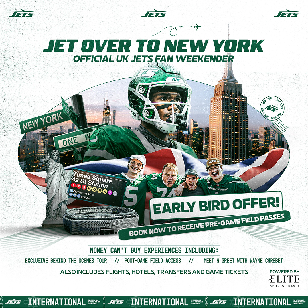NYJetsinUKandIE's tweet photo. We are delighted to announce the first ever official UK Jets Fan Trip for 2026! ✈️

In partnership with @elitesportstrav, the trip will include a number of money-can't-buy Jets experiences 💚

Find out more and book your spot via the link below! 🗽

https://t.co/v82qNH7ygY https://t.co/Pf3uZeXNiB