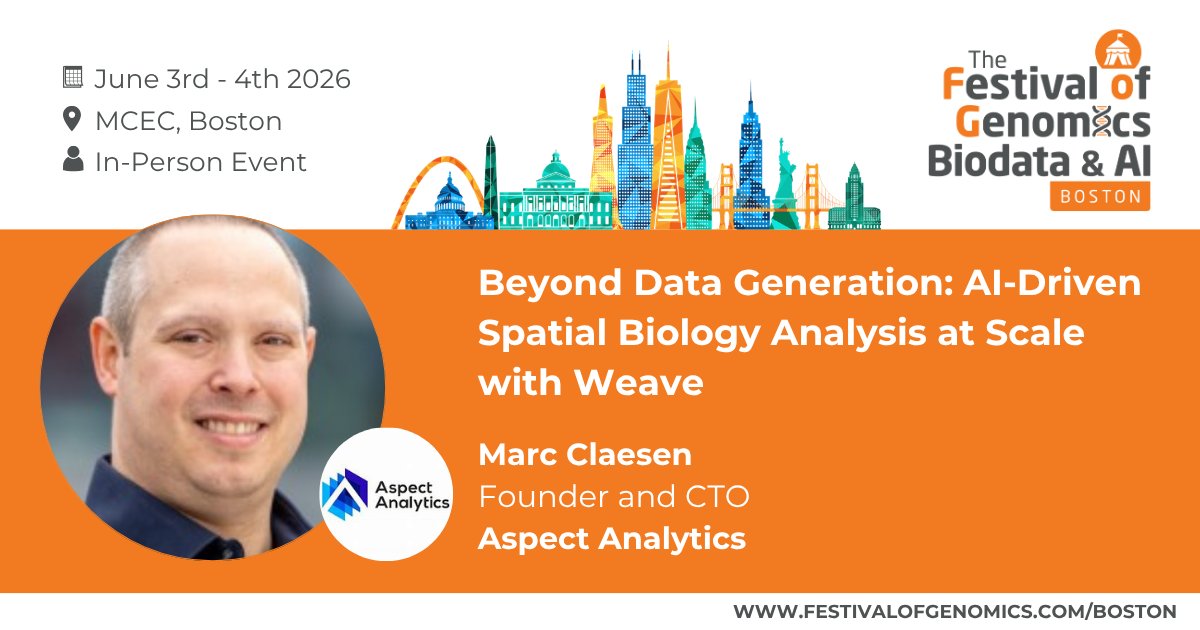 FLGenomics's tweet photo. Marc Claesan (Founder and CTO, Aspect Analytics) will discuss AI-driven spatial biology analysis at scale with Weave at The Festival of Genomics, Biodata & AI in Boston next month. Register now: https://t.co/Q1xilTrJEW #FOGBoston #AI #spatialomics https://t.co/hDsvolxg1E