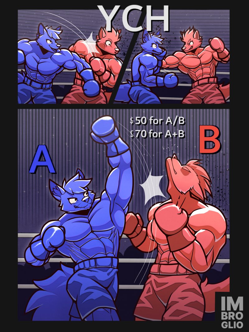 New YCH! It's a brawl!
May the best fighter win!

All species. Male only
Price is USD 50 for A or B, and 70 for both AB
Free null alt, Payment via PayPal

Taking 10 slots. Please fill form in reply if you interested!

And as always, all Repost and Likes are eternally appreciated!