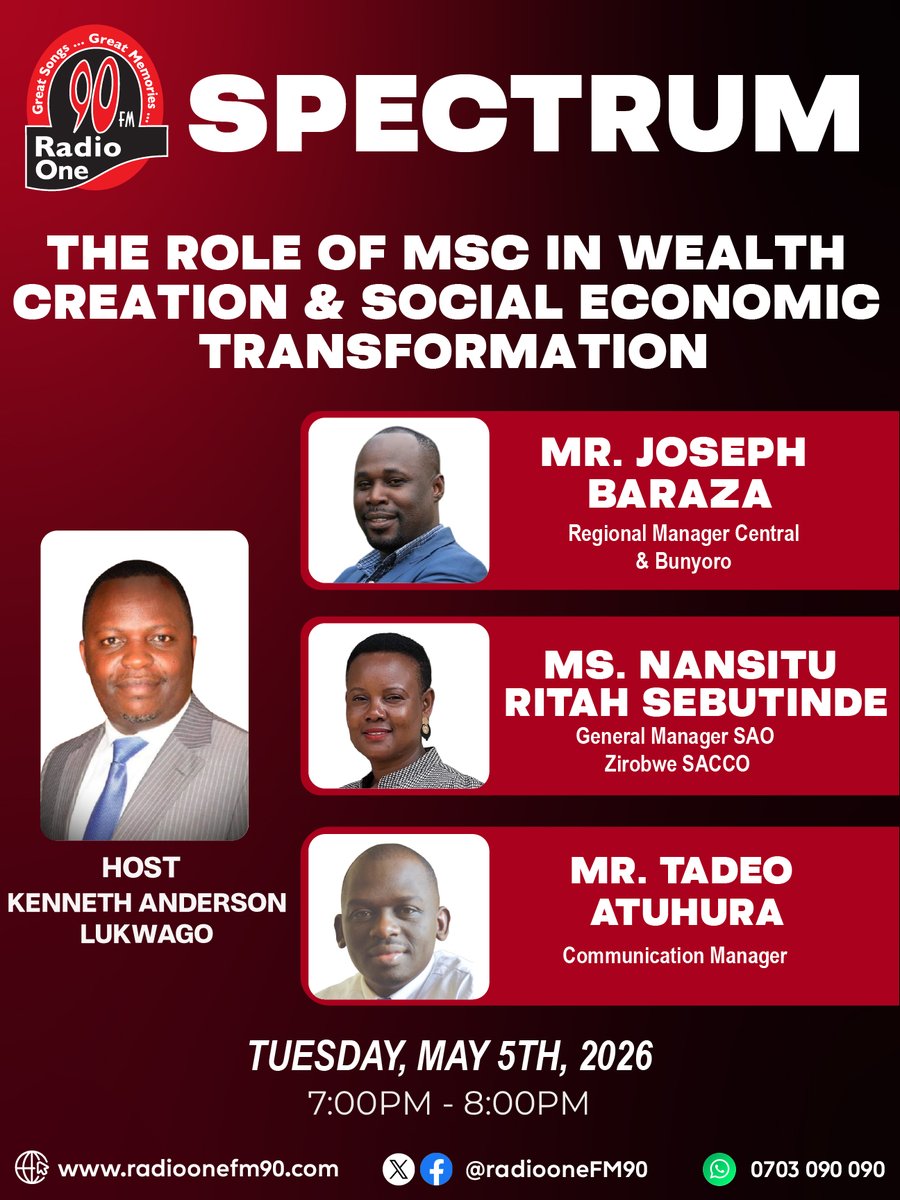 RadioOneFM90's tweet photo. 💭 Is MSC really driving wealth creation in Uganda?

Tonight on #Spectrum

🎙 Hosted by @anderlukson  
👥 Experts. Insights. Real talk.
🗓 Tuesday | 7PM – 8PM

📻Listen live: https://t.co/vQKCzYU9SA
📲 WhatsApp: 0703 090 090

#SpectrumDebate #WealthInUganda  #RadioOne https://t.co/bjOj5qnFV6