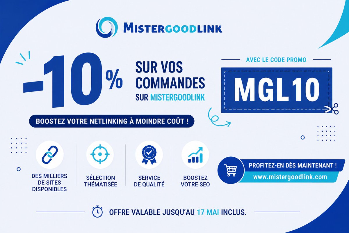 MisterGoodLink's tweet photo. 🎁 -10% sur vos campagnes SEO
Boostez votre netlinking à moindre coût avec le code :
👉 MGL10
- Des milliers de sites
- Sélection thématisée
- Résultats durables
Offre valable jusqu’au 17 mai inclus
RDV sur https://t.co/RVE67wE3Vi
#SEO #Netlinking #Backlinks #MisterGoodLink https://t.co/gunBCzc6R7