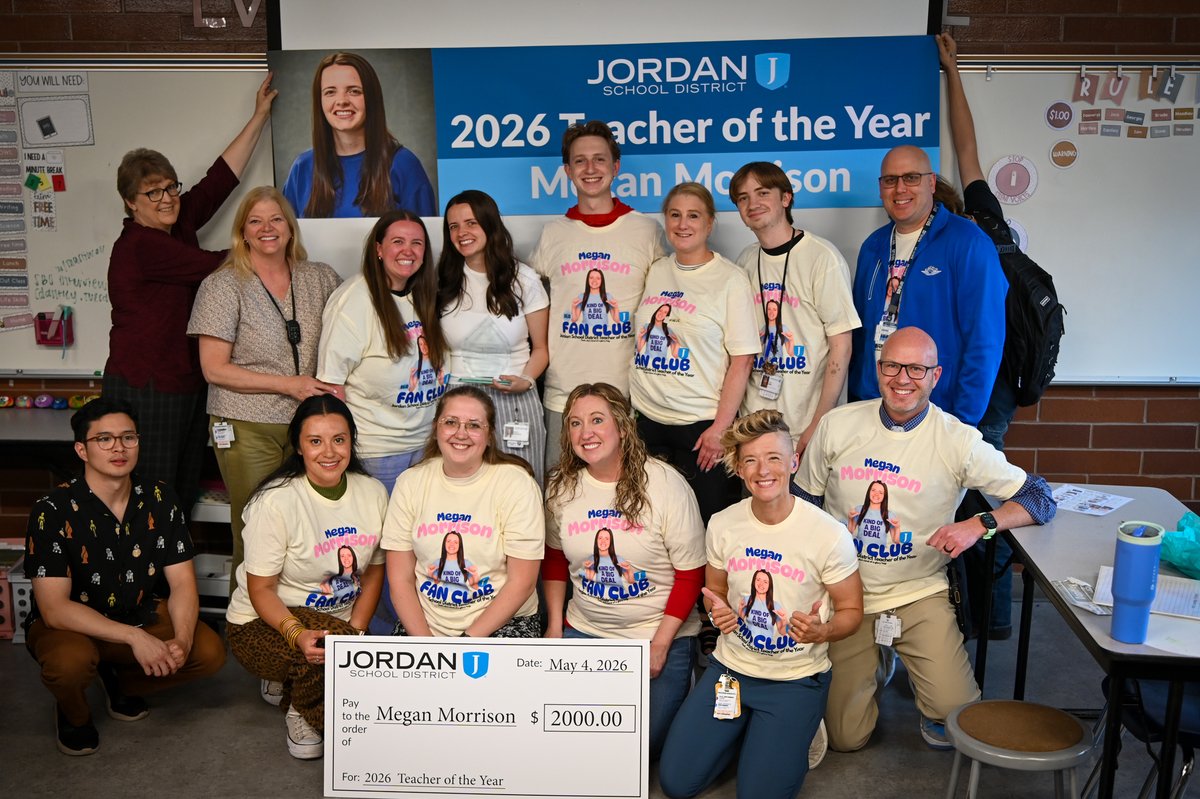 jordandistrict's tweet photo. Congrats to Jordan School District Teacher of the Year, Megan Morrison! 🎉 

A special education teacher at South Jordan Middle, Ms. Morrison inspires students and staff alike with her belief that every student can succeed and deserves to be celebrated.👏#TeacherAppreciationWeek https://t.co/VlKdOfUTrf