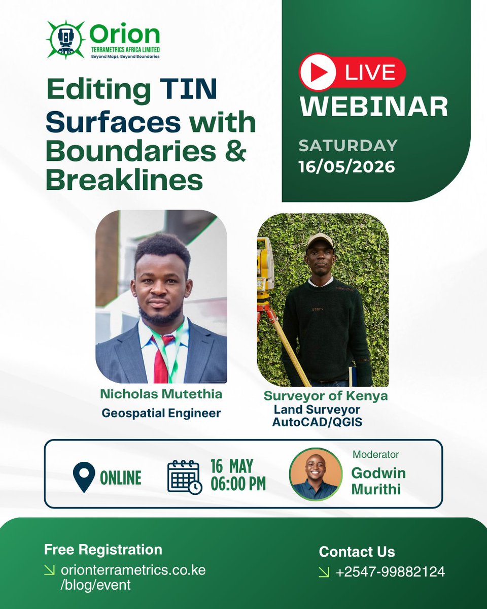 GodieMurithi's tweet image. Next in the Geospatial for Africa Series

Editing TIN Surfaces with Boundaries &amp;amp; Breaklines

Learn how to refine terrain models for real-world surveying &amp;amp; engineering projects.

📅 Sat, 16 May 2026
⏰ 6:00 PM (EAT)
🔗 orionterrametrics.co.ke/blog/event⁠

#GIS #Surveying #QGIS #GeoAfrica