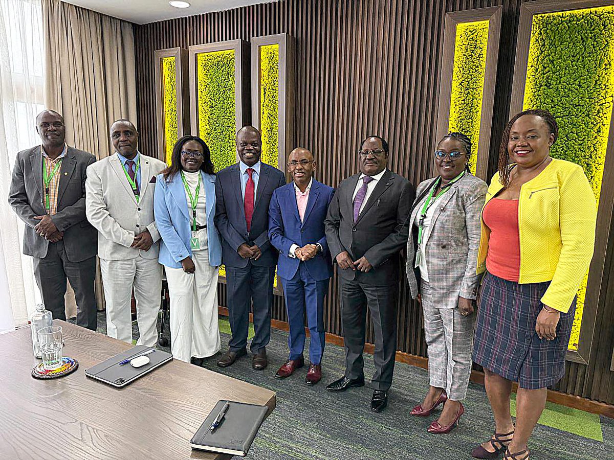 MeruUniversity's tweet photo. Today, the Chair of Council of Meru University of Science and Technology, Prof. James Ireri Kanya, PhD, paid a courtesy call to Dr. Peter Ndegwa, Chief Executive Officer of Safaricom and Chancellor of the University.

He was accompanied by the Vice-Chancellor, Prof. Romanus Odhiambo, PhD, and the Deputy Vice-Chancellor (ArSA), Prof. Simon Thuranira, PhD, along with other members of university staff.

Key issues discussed included the current status and progress of the University, updates on the CiSED Centre fully funded by the M-Pesa Foundation, preparations for the upcoming MUSTIC Conference, the MUST Mountain Run and the MUST Endowment Fund. The meeting also explored additional areas of collaboration between the University and Safaricom.
#MeruUnivesity #MUSTIC #MpesaFoundation #Safaricom