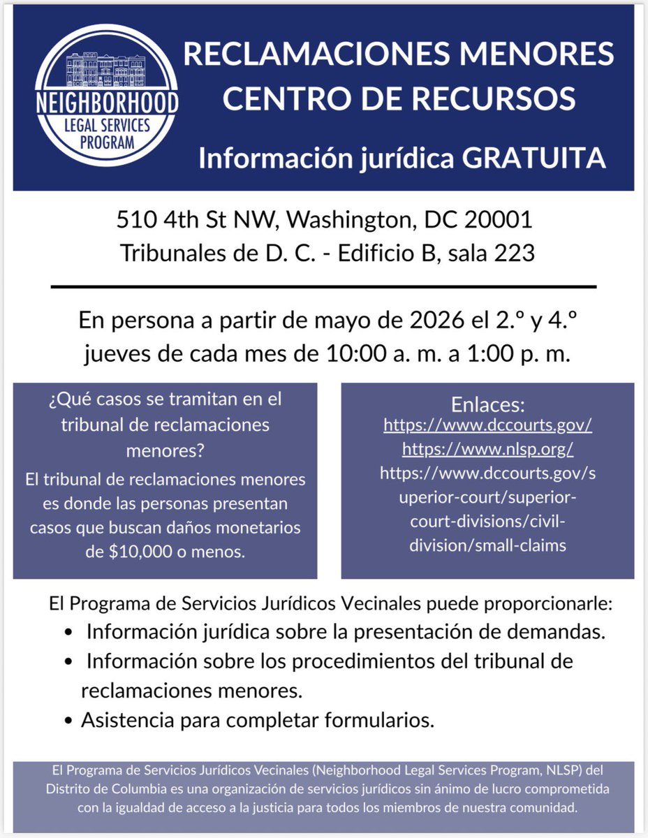 DC_Courts's tweet photo. Find FREE legal resources at the Small Claims Resource Center — in person, in Building B, starting May 2026 on the 2nd and 4th
Thursdays of each month from 10:00 am to 1:00 pm. 

Learn more about Small Claims: https://t.co/1z1RPdO2Yg https://t.co/tmklMPriLn