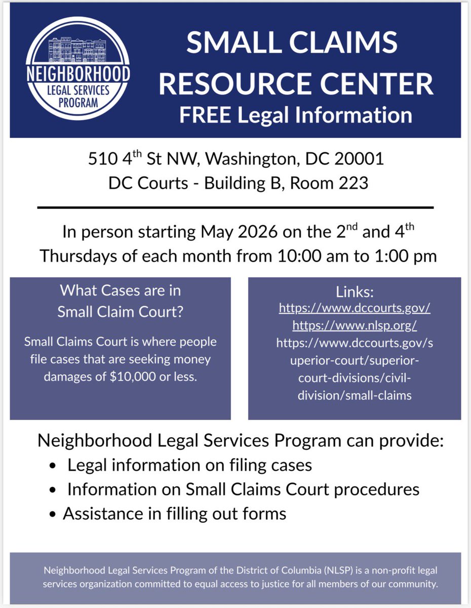 DC_Courts's tweet photo. Find FREE legal resources at the Small Claims Resource Center — in person, in Building B, starting May 2026 on the 2nd and 4th
Thursdays of each month from 10:00 am to 1:00 pm. 

Learn more about Small Claims: https://t.co/1z1RPdO2Yg https://t.co/tmklMPriLn