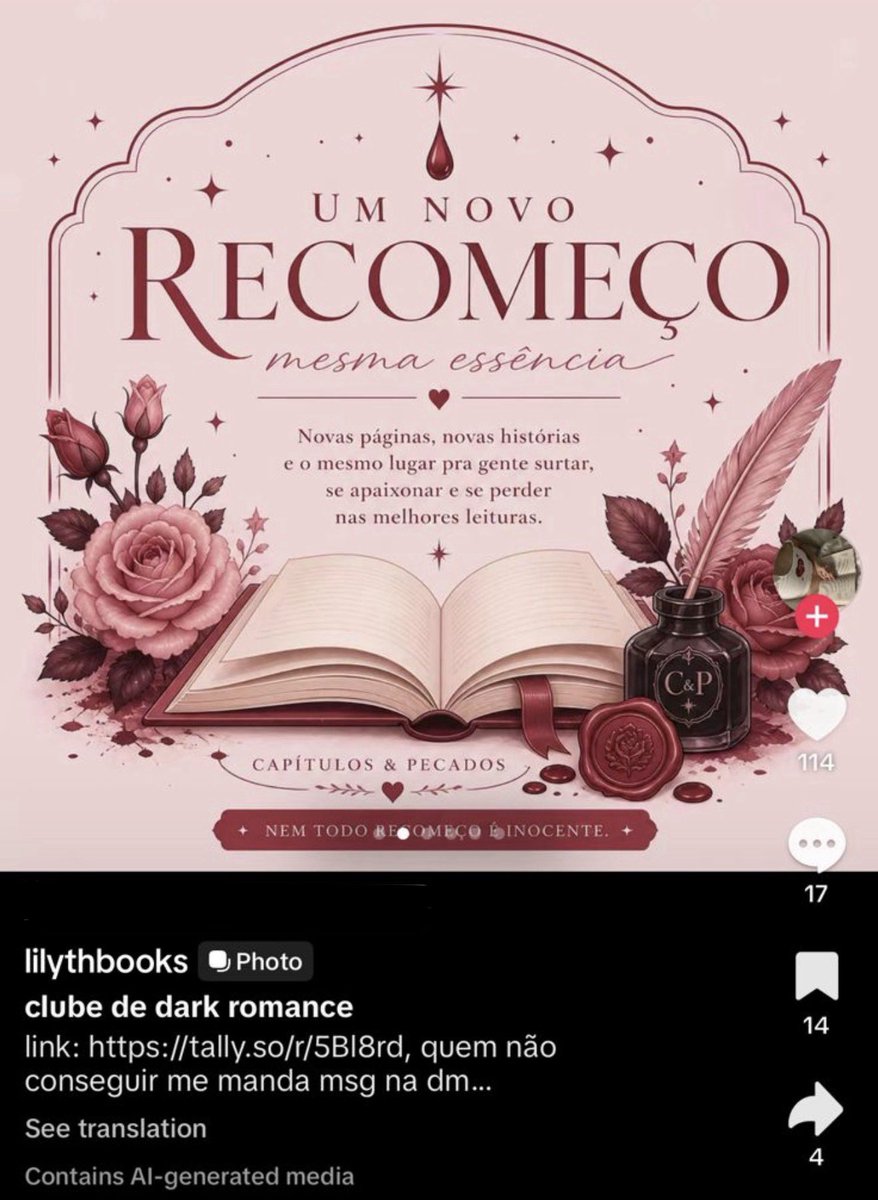 FOFOCA DA AUTORA QUE USA IA E PIRATEIA NACIONAIS:

o clube do livro de dark romance que ela tinha e foi desativado aparentemente vai voltar. o tiktok dela ta aí, o label de arte gerada com IA ali tambem. 

quando tiver @ no tt eu trago aqui