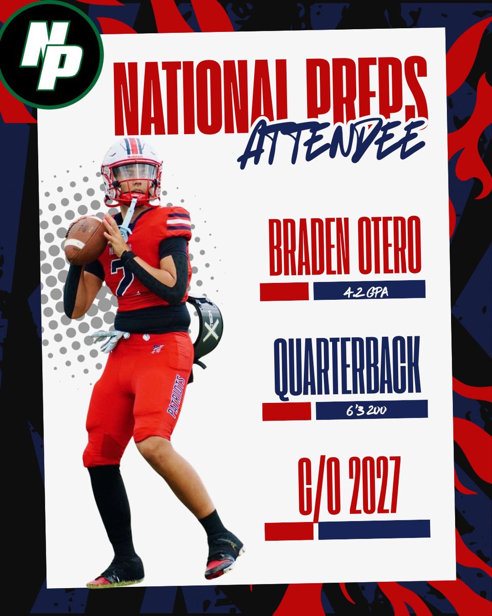 NHSPatriotsFB's tweet photo. Our guy @bradenot7 will be at the @NPShowcases this Saturday. 

Coaches make sure you take a look at our 6’3 200lb QB/TE with a 4.2 GPA! 

#RecruitThePats | #Nationalpreps https://t.co/s9aTVkJZmx
