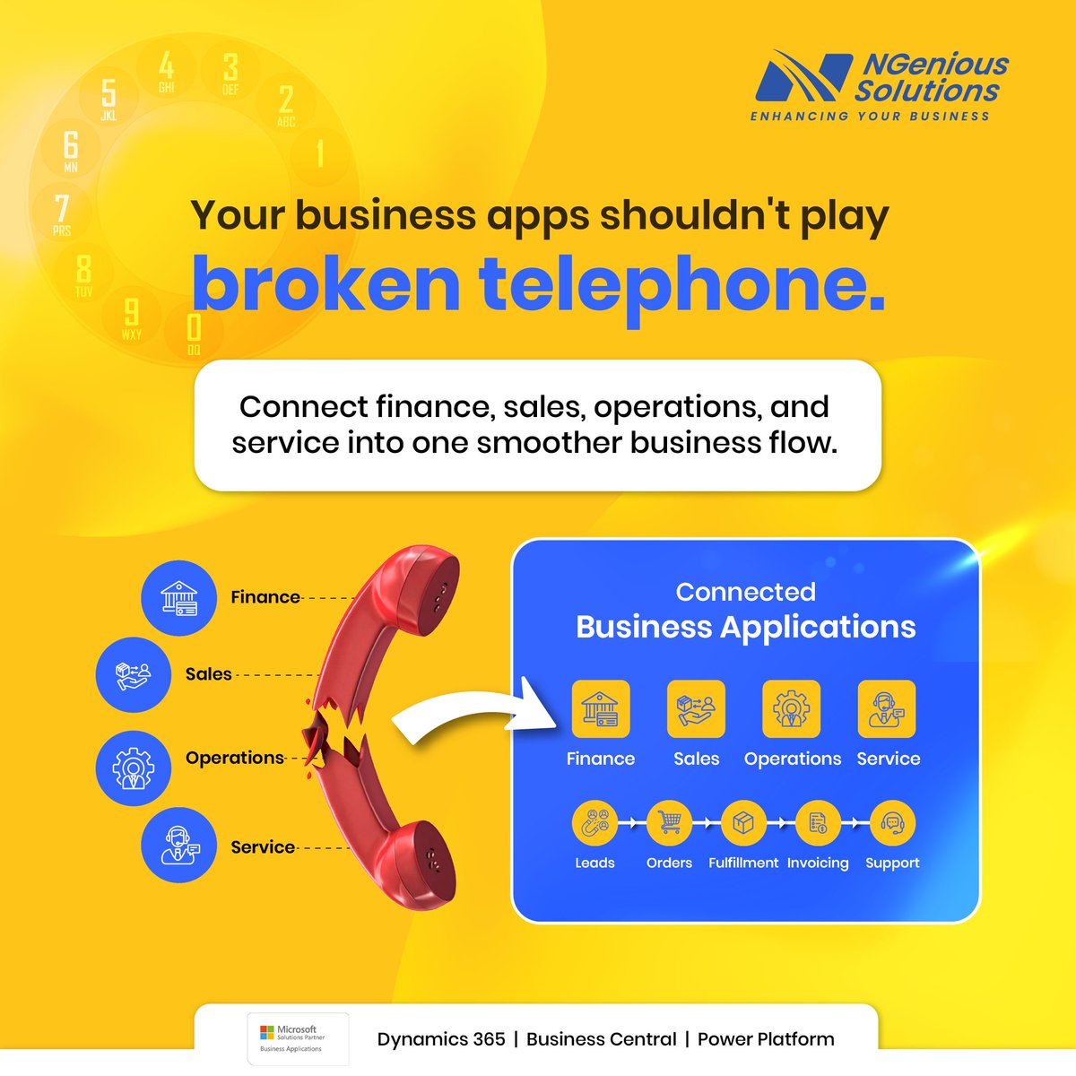 NGeniousS's tweet photo. Your business apps shouldn’t play broken telephone.

Connect finance, sales, operations &amp; service into one smoother business flow. 

Contact us for a free consultation: https://t.co/V0YFHCcwgv

#BusinessApplications #Dynamics365 #BusinessCentral #PowerPlatform https://t.co/rJ4lYD01UO