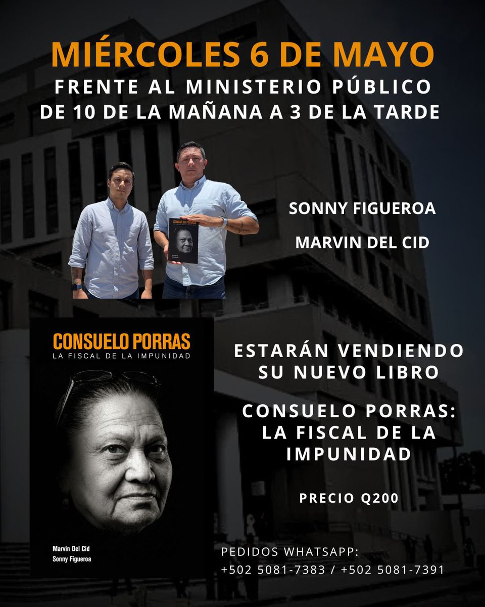Este miércoles 6 de mayo estaremos frente al MP Gerona vendiendo nuestro nuevo libro junto a <a href="/Sonny_Figueroa/">Sonny Figueroa</a> 

Consuelo Porras #LaFiscalDeLaImpunidad

Al poder se le enfrenta y se le cuestiona 

De 10 a.m. a 3 p.m.