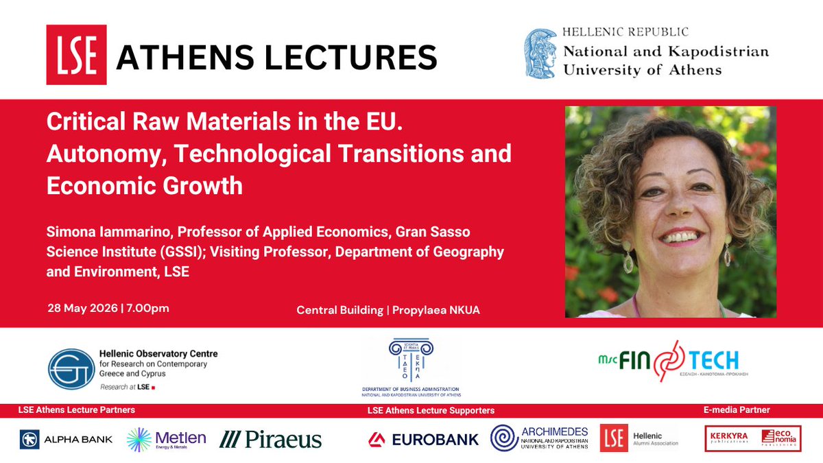 HO_LSE's tweet photo. 📣 Join us in Athens for our final Lecture of the academic year!

Professor @IammarinoSimona will explore Critical Raw Materials in the EU.

📅 Friday 28 May, 7.00pm
📍 Propylaea, University of Athens

🔗 Find out more and register: https://t.co/seWSAmd9Vb https://t.co/3QKsfrtWTk