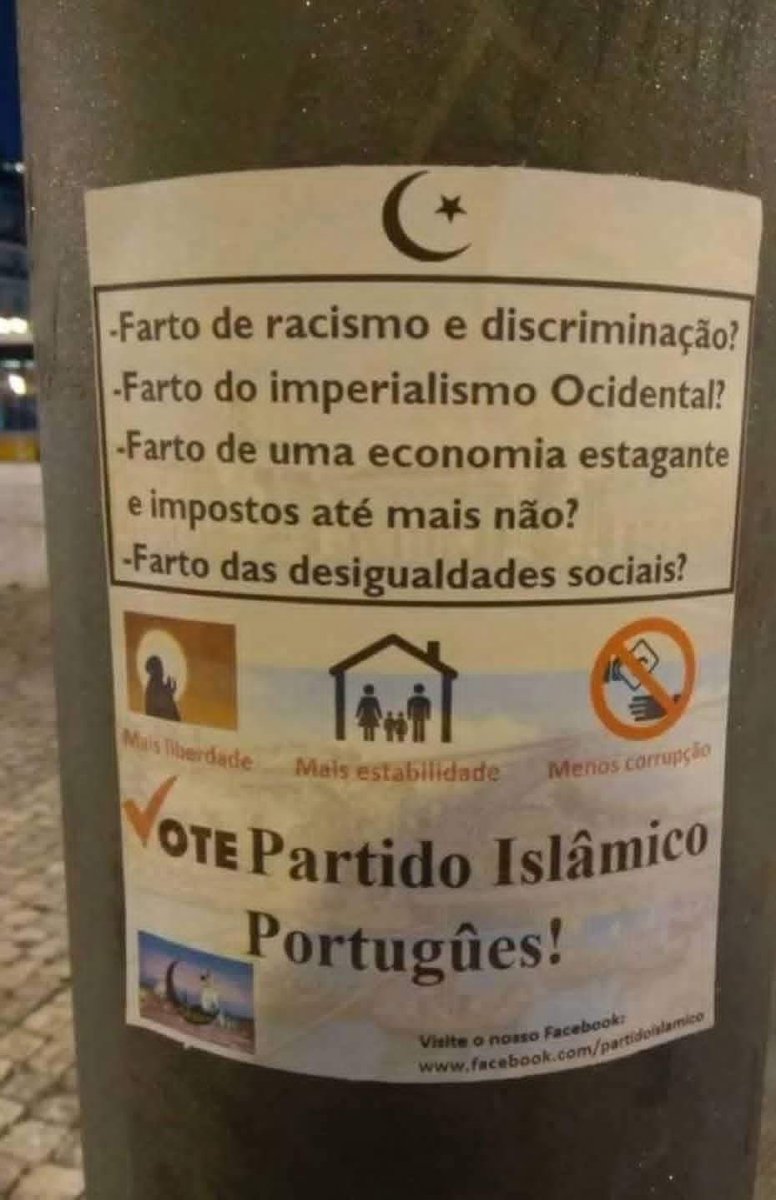 Cartazes do Partido Islâmico Português já circulam abertamente nas ruas.

Não interessa se é permitido ou não.

O que importa é a intenção: uma comunidade paralela que, ao atingir massa crítica, deixa de se integrar e começa a organizar-se politicamente para impor a sua agenda.