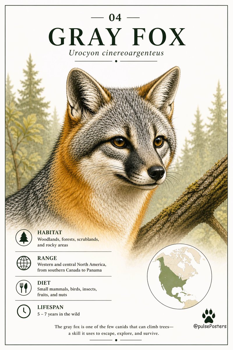 pulseposters's tweet photo. ๐ฆ
The only fox in North America that climbs trees.
Poster 04 โ #GrayFox (Urocyon cinereoargenteus)
A quiet survivor of forests and scrublands, moving where others cannot.
#foxLover #foxPoster #pulsePosters #foxLife #animal https://t.co/uDwJ9Pv8jq