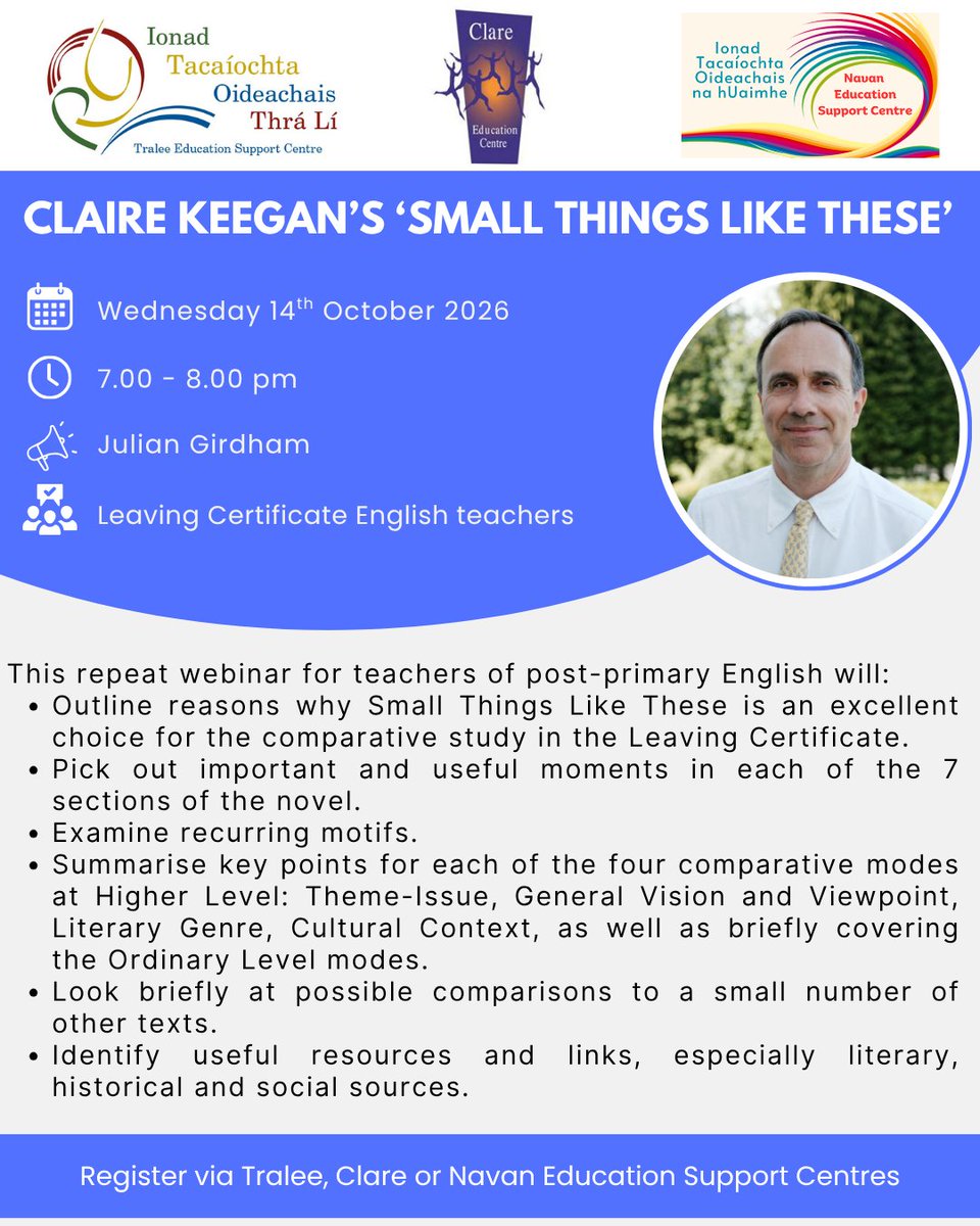 sccenglish's tweet photo. Teaching 'Small Things Like These'.

Repeat webinar via @TraleeESC @ClareEdCentre @NavanESC 

Wednesday 14th October, 7.00pm.

Free registration: 
https://t.co/3dJ8WbuJiN https://t.co/ZhkhBAu5Xp