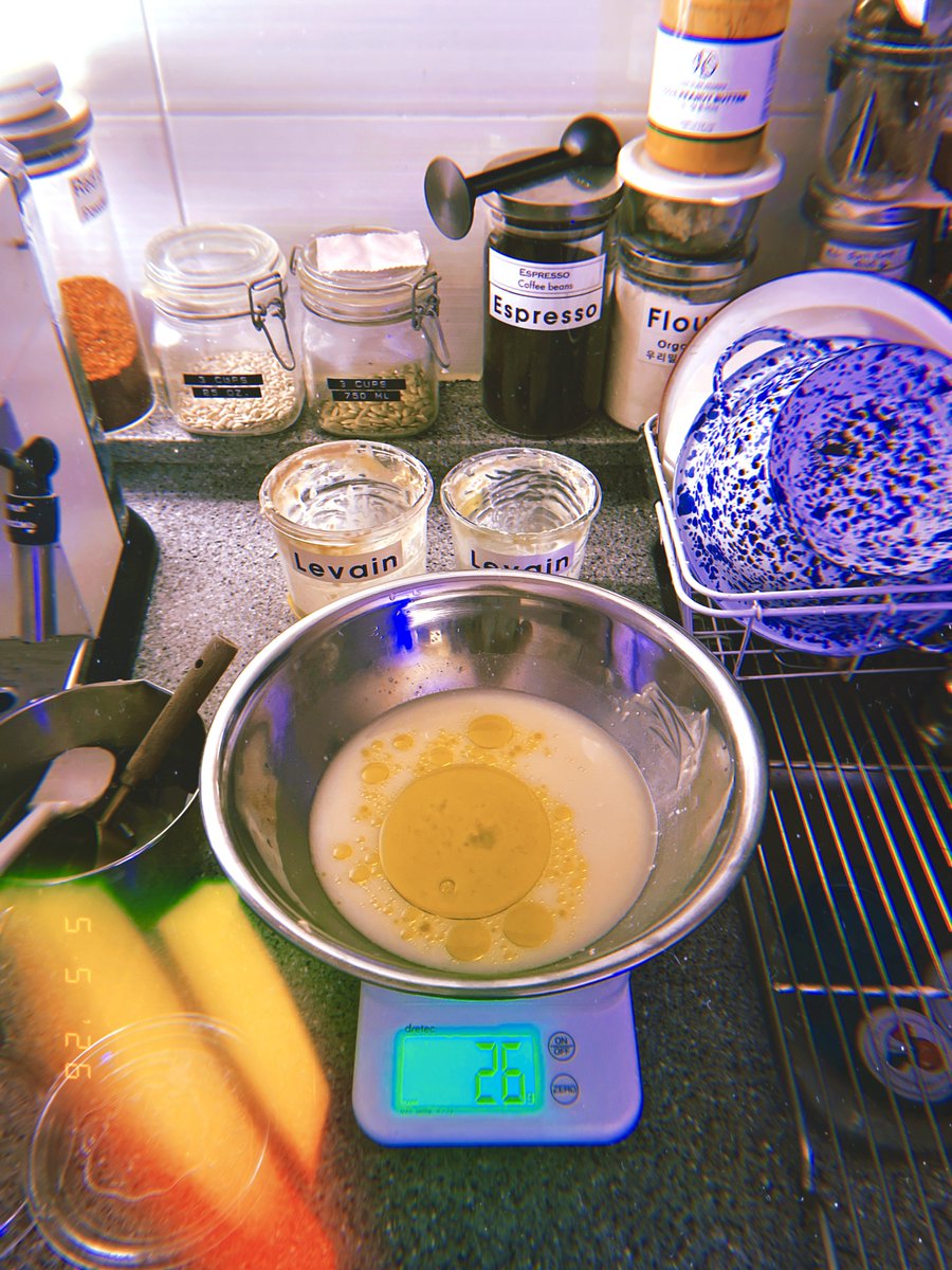 DrewVanilla_'s tweet photo. 🥖#발효시작
water 269g
Levain 130g
Bread flour 349g
salt (1t) 7g
olive oil 26g
=Sourdough 781g
#730pm #T5May2026 #dark10 #May5 #Tuesday https://t.co/VCx6lliCd0
