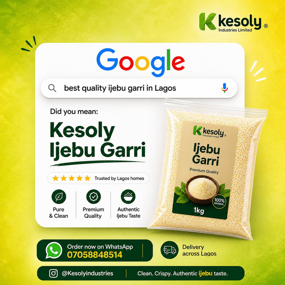 Haybamidele's tweet image. Best quality Ijebu Garri in Lagos? You just found it. 😉👌

Clean. Crispy. Authentic taste.

Order now on WhatsApp: 07058848514

#IjebuGarri #garriIjebu #Lagos