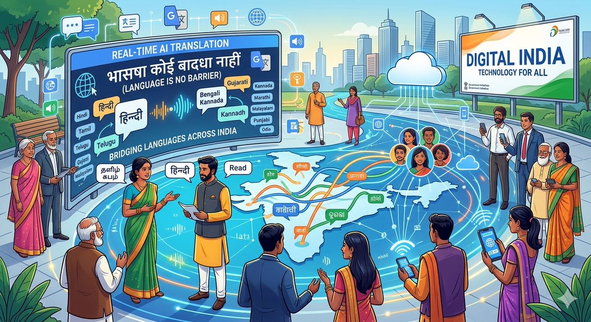 B11team1's tweet image. गूगल और अन्य बड़ी कंपनियां भारतीय भाषाओं के लिए नए Real-time AI Translation फीचर्स लॉन्च कर रही हैं, जिससे अब भाषा की दीवार पूरी तरह खत्म हो जाएगी।
 अब भाषा कोई बाधा नहीं! 🌐 सरकार और टेक कंपनियों का बड़ा कदम, हर भारतीय भाषा में मिलेगी डिजिटल सुविधा। #TechNews #DigitalIndia #AI