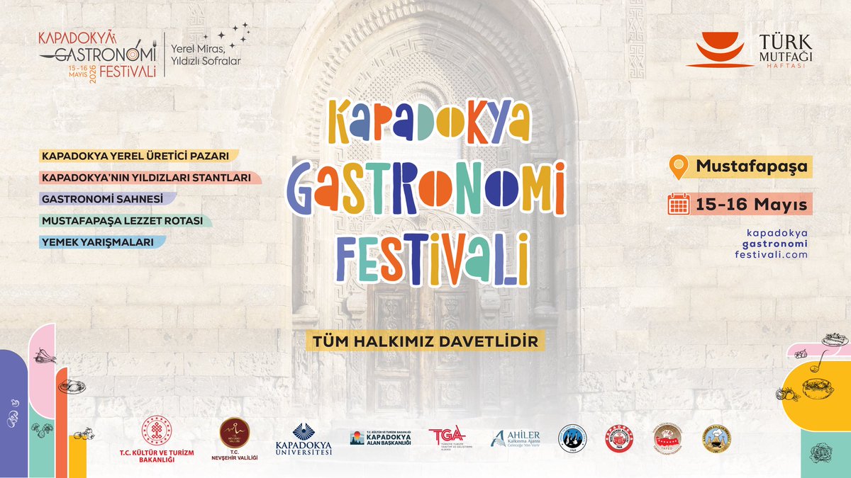 KapadokyaUniv's tweet photo. Kapadokya'da sofra yeniden kuruluyor.

@nevsehirvalilik himayelerinde ve
@KapadokyaUniv ev sahipliğinde düzenlenecek Kapadokya Gastronomi Festivali 5. kez kapılarını açıyor.

15-16 Mayıs'ta "Yerel Miras, Yıldızlı Sofralar" temasıyla düzenlenecek festival, 2021 yılında "Dünyanın En İyi Turizm Köyü" seçilen Mustafapaşa'da halka açık olarak gerçekleştirilecek.

Festival kapsamında; yerel üretici pazarı, gastronomi sahnesi, Kapadokya'nın Yıldızları stantları, Mustafapaşa lezzet rotası, tematik toplantılar ve yemek yarışmaları ziyaretçilerle buluşacak.
Kapadokya'nın mutfak kültürünü, yerel üretim birikimini ve gastronomi hafızasını aynı sofrada buluşturacak festivale tüm halkımız davetlidir.

📍Mustafapaşa (Urgüp/Nevşehir)
🗓️15-16 Mayıs

Ayrıntılı bilgi için; https://t.co/gsi3Rml8PP

@TCKulturTurizm
@tgakurumsal
@KapadokyaAlan
@ahilerkalkinma