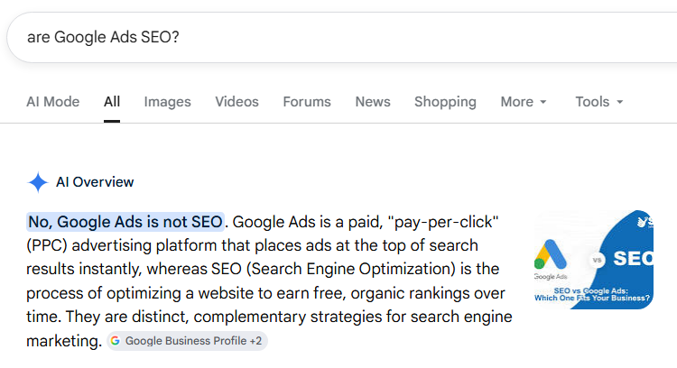 Nick_Bellanti's tweet photo. Google's own AI Overview on the question most business owners have never thought to ask.  

The distinction matters because most agencies in this market are selling the paid version and calling it the organic one.  

If your SEO spend stops producing results the moment you stop paying, you were never buying SEO.  

Link in the comments.