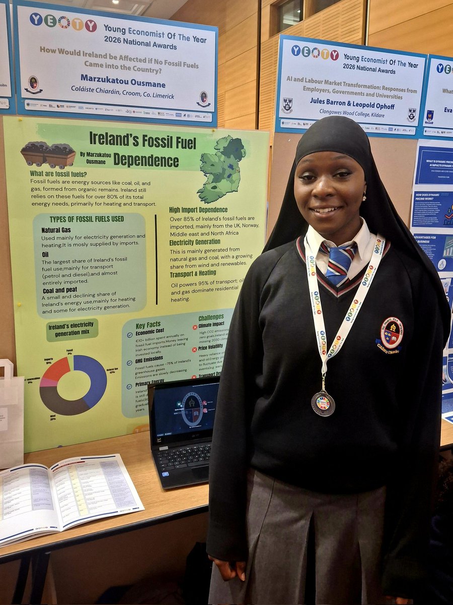 ccobusiness's tweet photo. Well done to 6th year @colaiste student Marzuatou Ousmane on achieving a silver medal at this years @Oide_YEOTY for her project entitled "How would Ireland be affected if no fossil fuels came into the country"🥈👏🏽 https://t.co/Pe4bHWiaWv