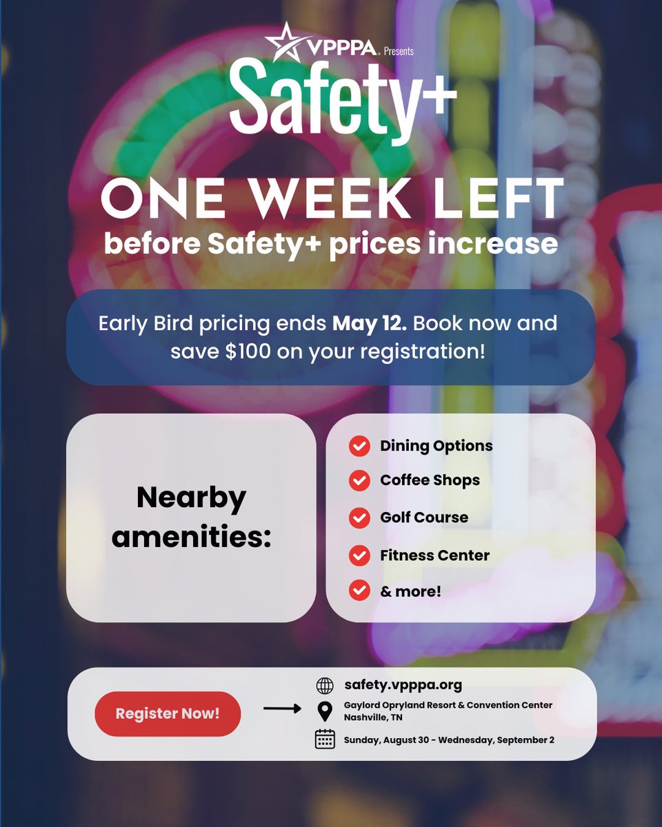 VPPPA's tweet photo. One week until Early Bird pricing ends! Take your safety culture to the next level at VPPPA's 2026 Safety+ in Nashville, TN. 

Save $100 on your registration by booking today: https://t.co/a236f7qhEQ https://t.co/NNlgQCsokU
