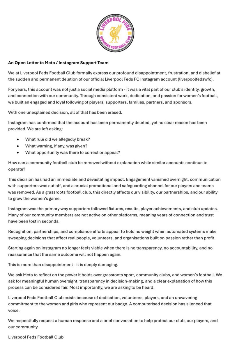 LiverpoolFeds's tweet photo. One week on from losing access to our Instagram account and still no explanation.

A community women’s football club erased overnight.

We deserve answers.

⬇️ Our open letter

@instagram @Meta @SkySportsNews @FA @TomJGarry @bbcmerseysport @lpoolcouncil @Since71Blog https://t.co/oc9GgSHjR5