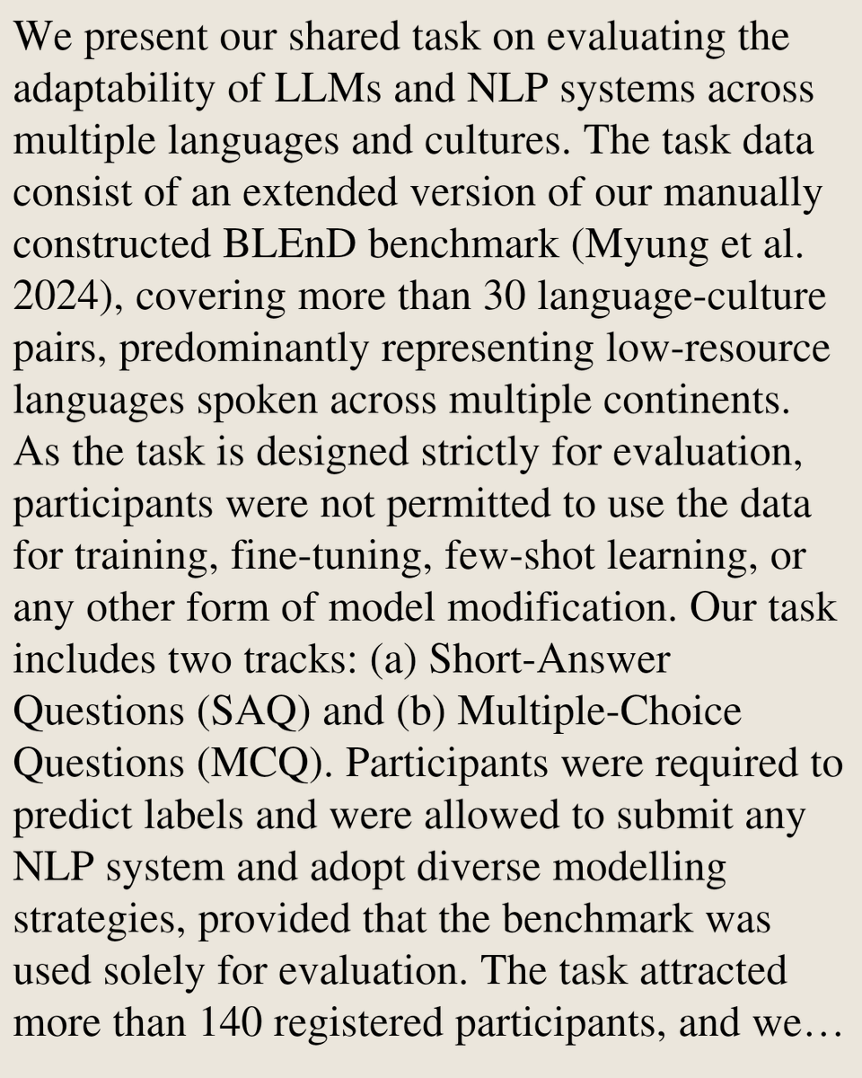 HEI's tweet photo. SemEval-2026 Task 7: Everyday Knowledge Across Diverse Languages and Cultures

Nedjma Ousidhoum, Junho Myung, Carla Perez-Almendros, Jiho Jin, Amr Keleg, Meriem Beloucif, Yi Zhou, Rodrigo Agerri, …
https://t.co/ZqOGx97r19 [𝚌𝚜.𝙲𝙻]
💬Code: https://t.co/7aLk9ACtLm https://t.co/zNM5LzYy96