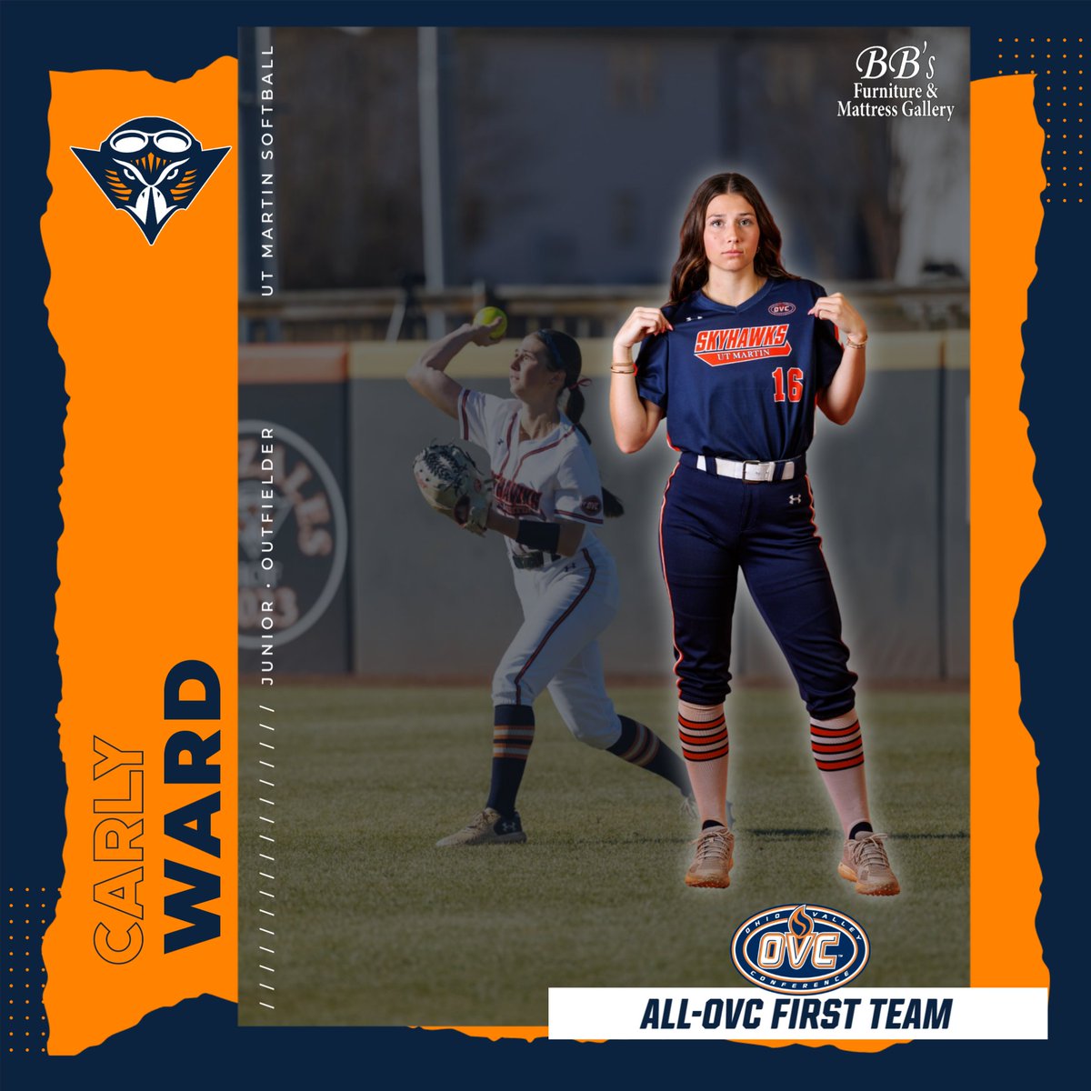 utmsports's tweet photo. Carly Ward posted the second-highest batting average in the OVC this season at .403 for the @UTMSoftball team and was named All-OVC first team!  

She is in line to become just the 4th Skyhawk in program history to finish the season batting over .400. 

#MartinMade https://t.co/mivt2iQIu2