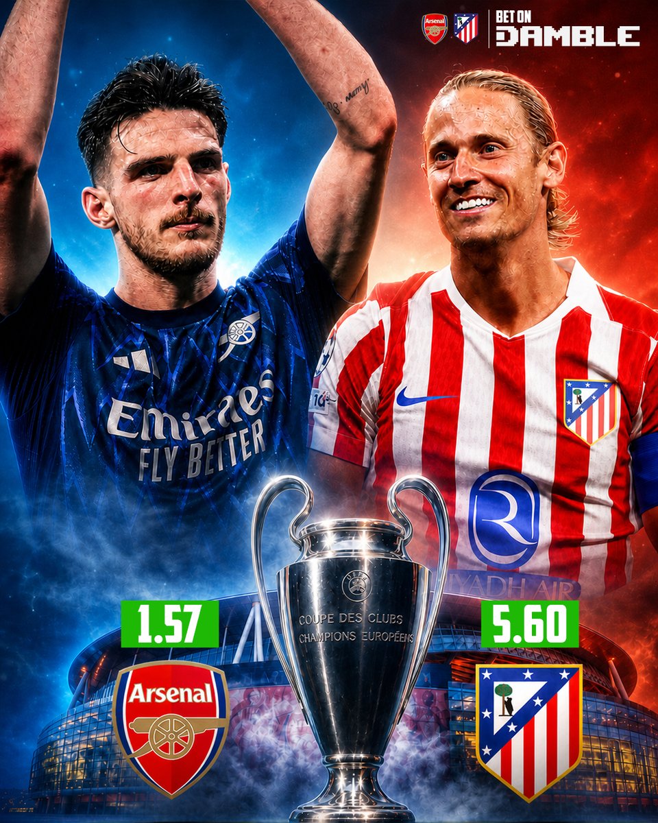 Dambleio's tweet photo. Champions League semi-final second leg tonight! 

Arsenal host Atletico Madrid at the Emirates with the tie locked at 1-1 after the first leg.  

Live odds: Arsenal 1.57 | Atletico Madrid 5.60

Can the Gunners book their place in the final or will Simeone’s side pull off another great escape?

Bet live now on https://t.co/dTX3MQF6iD