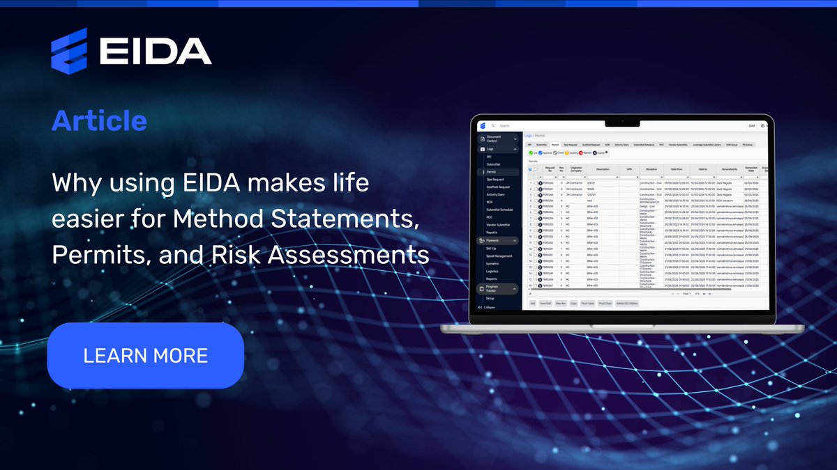 eidasolutions's tweet photo. EHS shouldn’t be a bottleneck and processes should actually save time instead of slowing you down. EIDA simplifies everything from document management to permitting helping you and your team stay compliant while moving faster onsite.

Find out more here 👉
https://t.co/dUvwN12AUA https://t.co/NaHuPTxyev