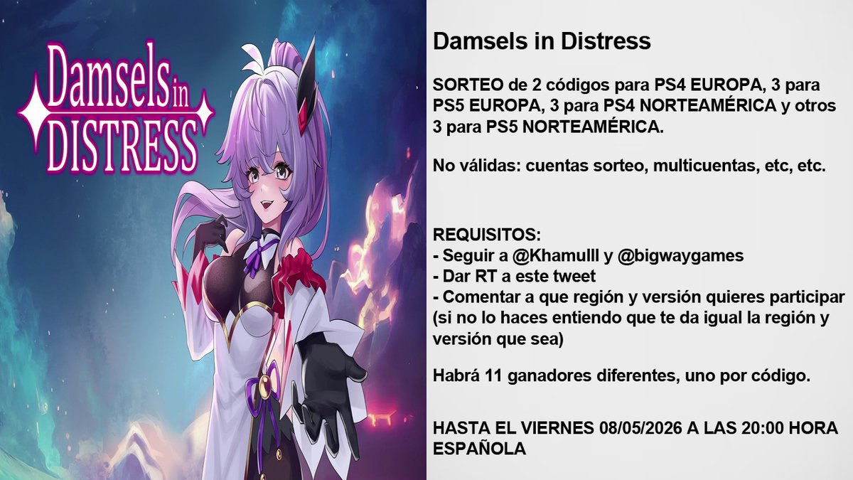 Khamulll's tweet photo. Nuevo sorteo de 11 códigos de "Damsels in Distress" para PlayStation (5 x EU y 6 x NA)
Requisitos:
- Seguir a @Khamulll y a @bigwaygames 
- RT este tuit 🔃
- Comenta a que región y versión participas
Hasta el 08/05/26 20:00 ⏰
*más información en la imagen, suertee! 🤞🏻 https://t.co/6GNzd0HRfw
