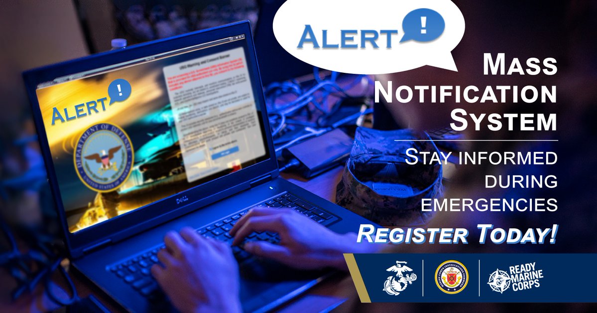 Stay informed during emergencies. Marine Corps installations now use Alert!, a mass notification system that sends critical updates to Marines, employees, tenants, and families. Verify your contact info to receive alerts.
https://t.co/t4kWAvGBBR 

#ReadyUSMC
#USMCAlert! https://t.co/sy6pIK4bMl
