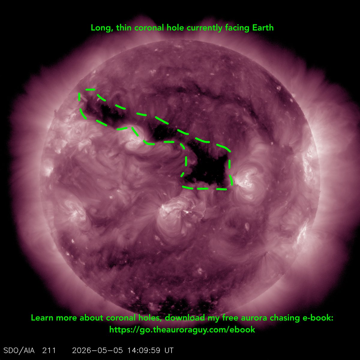 Vincent_Ledvina's tweet photo. There is a relatively large, snaking coronal hole facing Earth now. Here is the current view this morning. This feature is sending fast wind our way. 

Effects from this coronal hole at Earth could begin around May 8, and we may see minor geomagnetic storming and potential mid-latitude auroral displays.