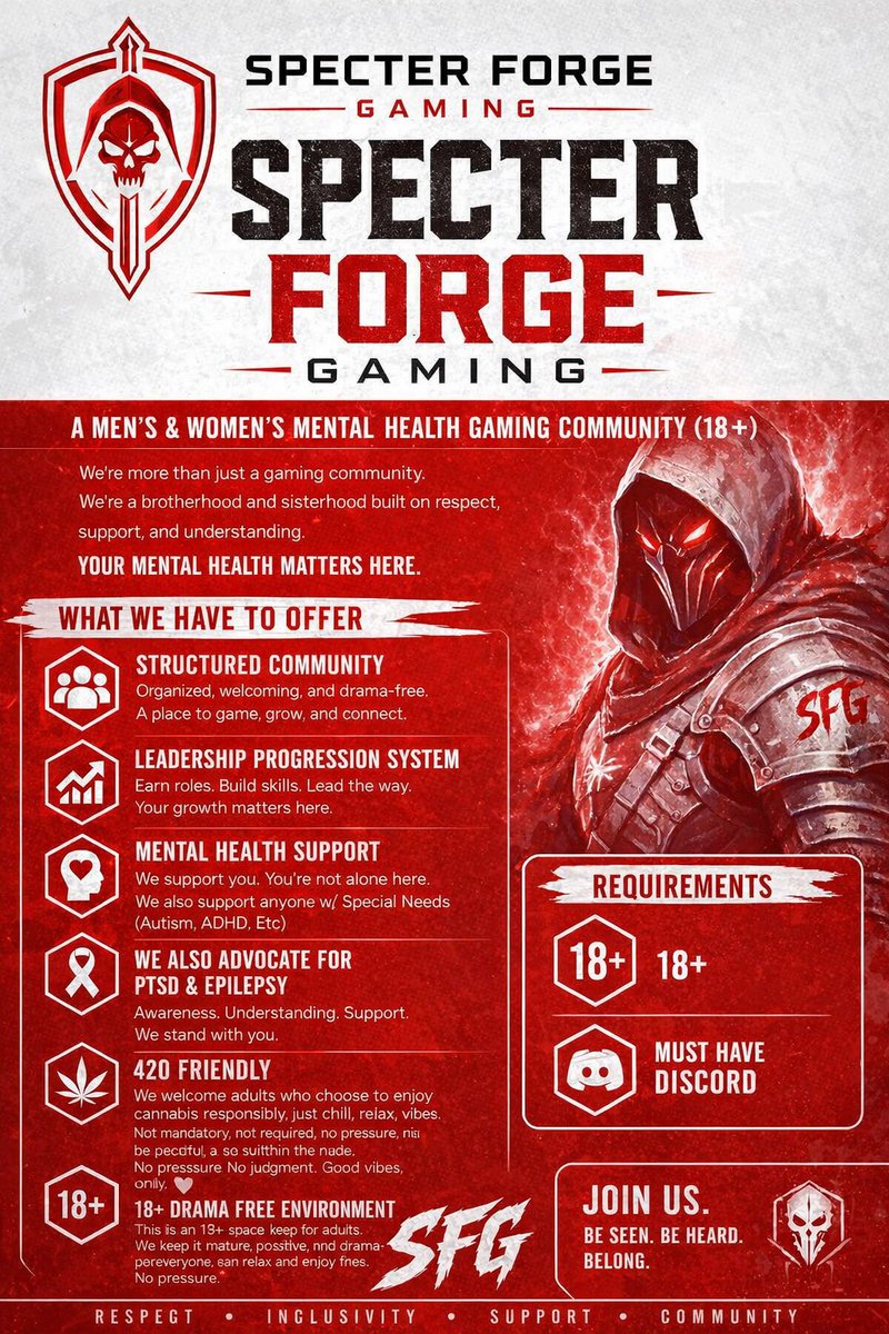 SirIrishDeath's tweet photo. Most communities fade—we don’t.
We’re built with purpose.
SFG is an 18+ gaming community centered on men’s and women’s mental health, creating a space where people can actually connect, talk, and be heard—without judgment.
🔥 Consistent activity &amp; real engagement https://t.co/YOiwfBzFb5