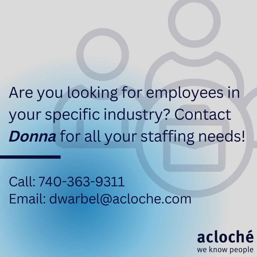 acloche's tweet image. We know it can be tough to find the right employees to fill your open positions. Donna at Acloché can help you find the employees you are looking for in your industry.  

#weknowpeople #workforcesolutions #employment #delawareohio #staffing #nowhiring #jobopportunity #jobsohio