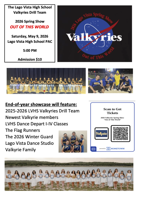 LagoVistaISD's tweet photo. Join the Lago Vista High School Valkyries for their 2026 Spring Show, Out of This World, on Saturday, May 9 at 5 PM in the LVHS PAC. Featuring the Valkyries, new members, Winter Guard, Flag Runners, dance classes, and more. Admission is $10. https://t.co/Q0DwUUwYFj