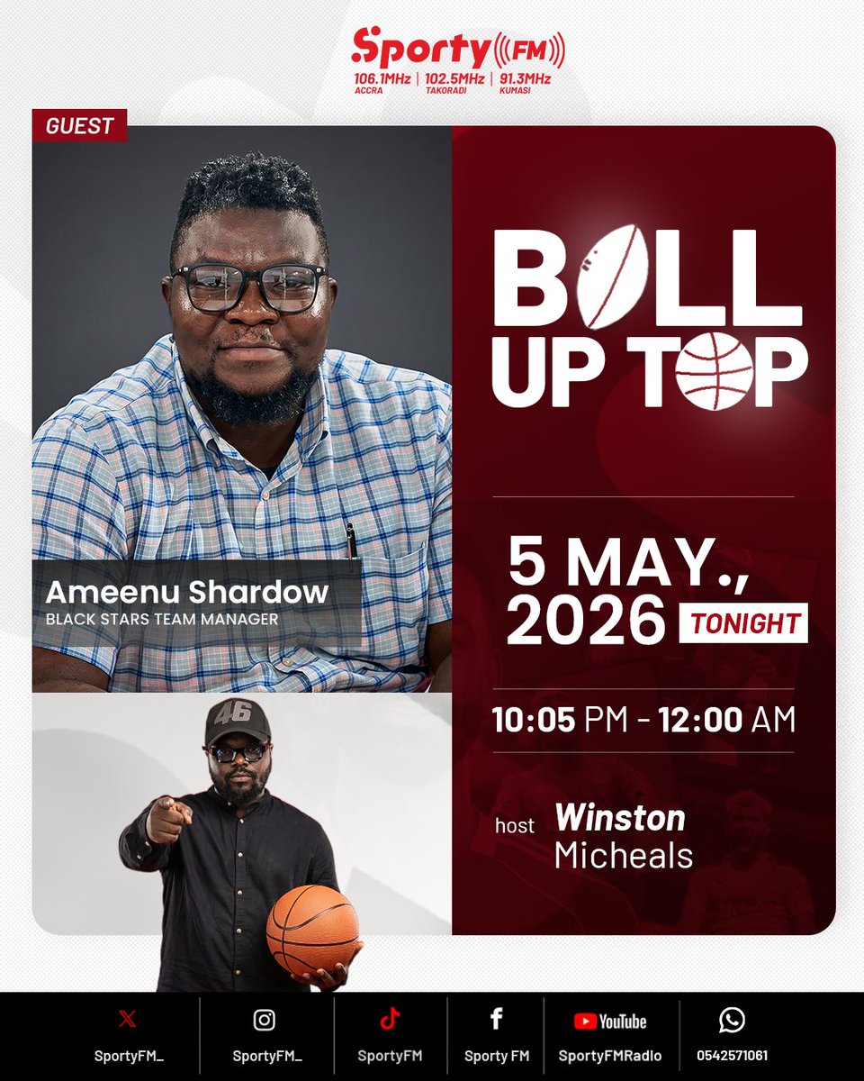 SportyFM_'s tweet photo. Tonight on #BallUpTop, Black Stars Team manager, @alooameenu joins @winstonmicheals and the crew to breakdown the NBA playoffs. Do not miss this! https://t.co/1Bzf7MQBgG