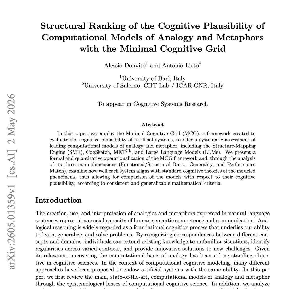 antoniolieto's tweet photo. New paper from @ciitlab_unisa co-authored with @Ale_von_Bergen and adopting the #MinimalCognitiveGrid (introduced in https://t.co/oGWqUIMF5Y @routledgebooks) to rank the #cognitiveplausibility of computational models of analogy metaphors is now out https://t.co/394mny6h71 #AI https://t.co/OPQVZc1ZYN