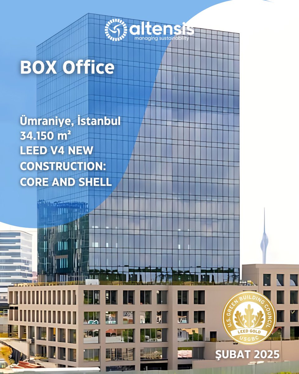 altensis's tweet photo. BOX Office; Ümraniye, İstanbul’da 34.150 m² alanda, LEED v4 BD+C: Core &amp; Shell Gold kapsamında; kentsel ısı adası etkisini azaltan peyzaj çözümleri, elektrikli araç şarj altyapısı, düşük emisyonlu malzemeler ve atık yönetimi uygulamalarıyla öne çıkıyor.

#Altensis https://t.co/X4pbo972CJ