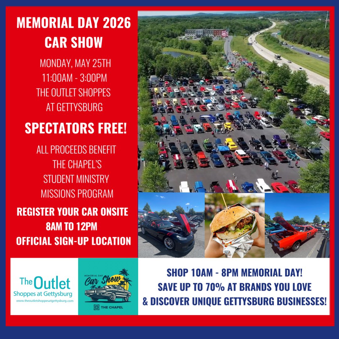 OutletGburg's tweet image. JOIN US MONDAY, MAY 25TH, FOR THE 2026 ANNUAL MEMORIAL DAY CAR SHOW☀️🚗🇺🇸

⌚️ 11AM-3PM CAR SHOW!

🛍️ SHOP 10AM-8PM MEMORIAL DAY!

GREAT CAUSE, CARS, FOOD, FUN &amp;amp; SHOPPING! 

☔️ RAIN DATE SATURDAY, MAY 30TH

#gettysburgoutlets #gettysburg #memorialday #memorialdayweekend #carshow