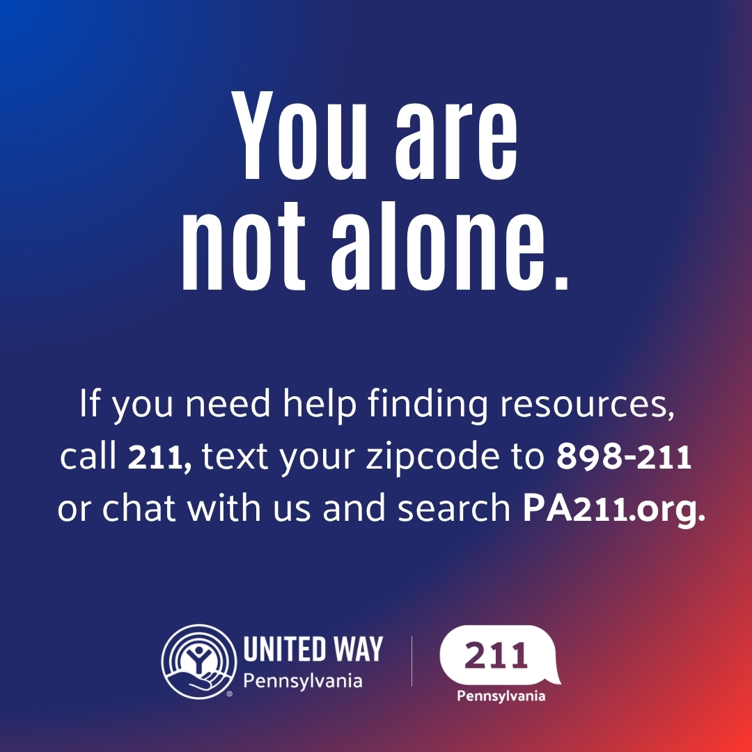PA211GetHelp's tweet photo. You are not alone. PA 211 can help you navigate life’s toughest challenges.

📞Call 211
💬Text your zip code to 898-211
🔍Search or chat on https://t.co/UDPkm8lhx5 https://t.co/Cp1mqvQndC