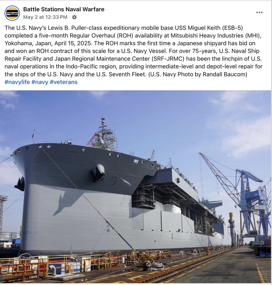 cpgrabow's tweet photo. This allied shipyard can overhaul US Navy ships, but somehow allowing Americans to use vessels built in that same shipyard for domestic transportation is, according to Jones Act defenders, a national security threat. https://t.co/hONeltRwLj