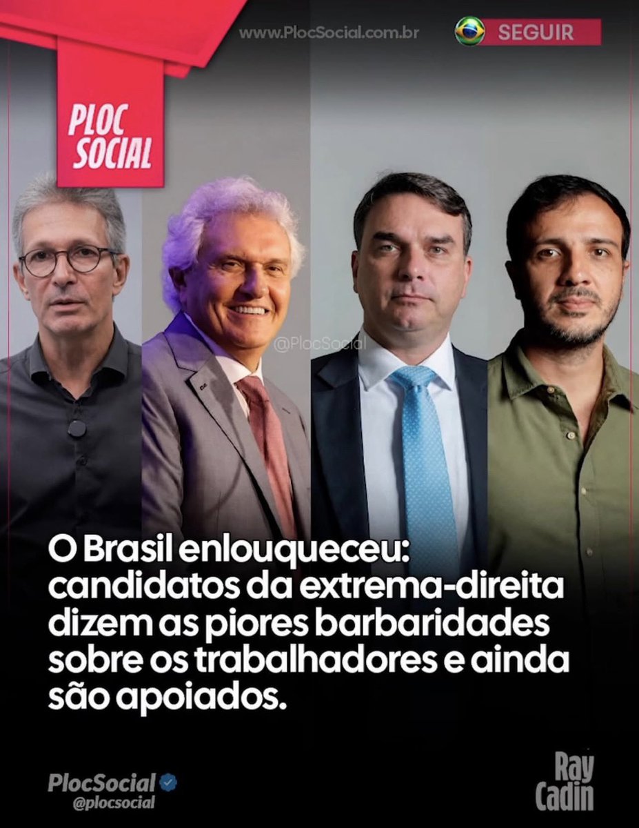 O BRASIL ENLOUQUECEU: candidatos da extrema-direita dizem as piores barbaridades sobre os trabalhadores e ainda são apoiados.
Ronaldo Caiado, com seu comportamento de se achar o superior, já vendeu as terras raras de Goiás. Flávio Bolsonaro quer aumentar a idade para a
