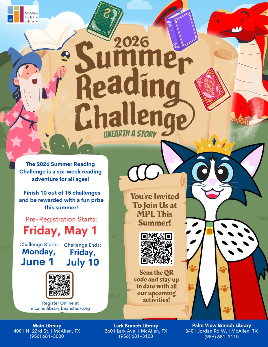 mcallenlibrary's tweet photo. Pre-registration for our Summer Reading Challenge is now open to all ages. Get signed up early &amp; get ready for a season full of stories, imagination, and fun.

The Summer Reading Challenge officially begins June 1.

Pre-register: https://t.co/VLvqlCsKkO https://t.co/hVsC21Fpwl