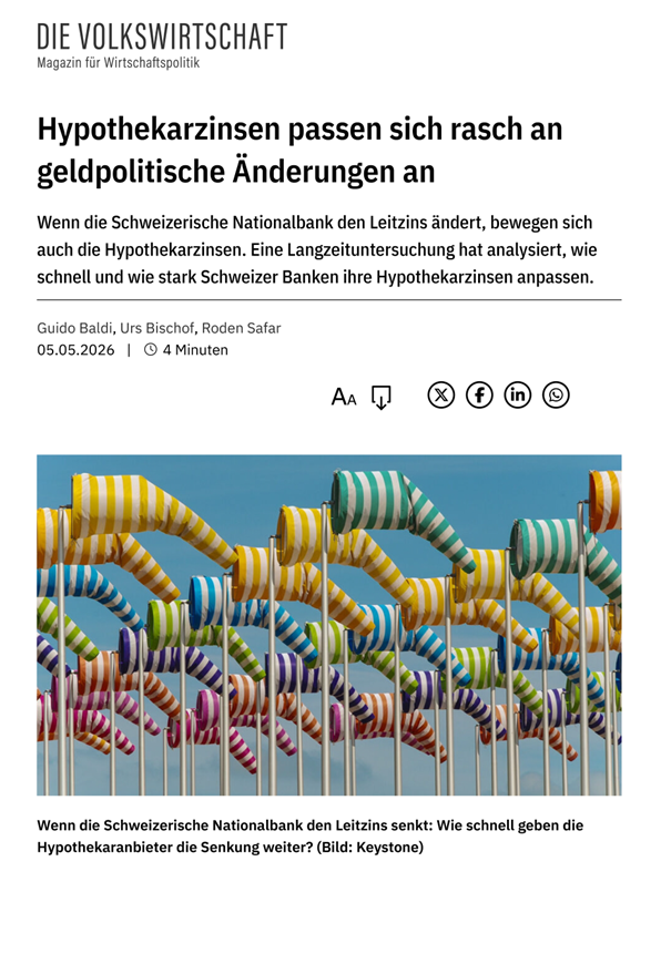 baldi_guido's tweet photo. Geldpolitik und der Hypothekarmarkt: Das finde ich immer ein spannendes Thema, gerade auch im Hinblick auf die Konjunkturanalyse. Der Hypothekarmarkt ist in jedem Land historisch gewachsen und stark durch ganz eigene Merkmale geprägt.

Zusammen mit Urs Bischof und Roden Safar von der Berner Kantonalbank haben wir uns für die Schweiz angeschaut, wie die Geldpolitik die Hypothekarzinsen beeinflusst.

Wenn die Schweizerische Nationalbank den Leitzins ändert, bewegen sich auch die Hypothekarzinsen. Eine Langzeituntersuchung hat analysiert, wie schnell und wie stark Schweizer Banken ihre Hypothekarzinsen anpassen. Eine Zusammenfassung der wichtigsten Ergebnisse gibt es in der Zeitschrift Die Volkswirtschaft:

https://t.co/NMmFyjafqn