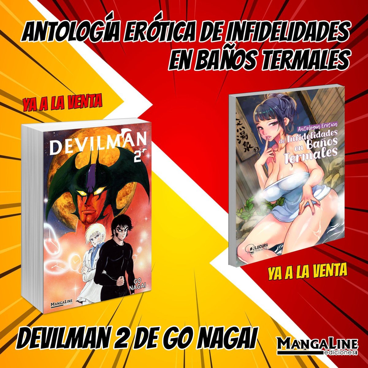 MangalineES's tweet photo. 🚨YA A LA VENTA🚨

¡Hoy salen a la venta el tomo 2 de Devilman de Go Nagai y la antología erótica de infidelidades en baños termales!
Además de estar ya en tiendas, también podéis encontrarlos en la web:

▶️Devilman 2: https://t.co/mEKNlrPVhy 
▶️Antología: https://t.co/QkLceXHm9v https://t.co/3Lt1n1EqmV