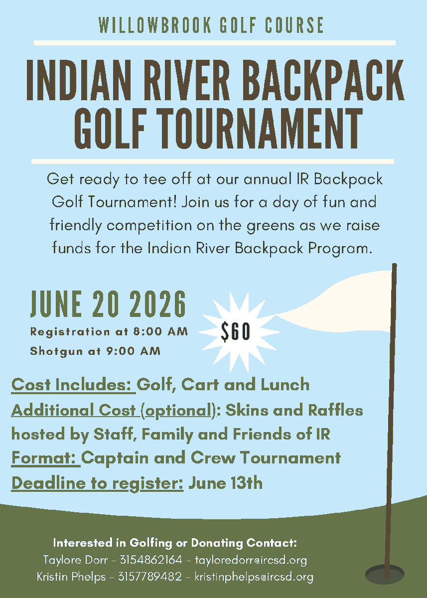 IndianRiverCSD's tweet photo. Get Ready to Tee Off at the IR Backpack Golf Tournament on June 20th! https://t.co/HoG6jzCh7U https://t.co/VD6RKLpICW