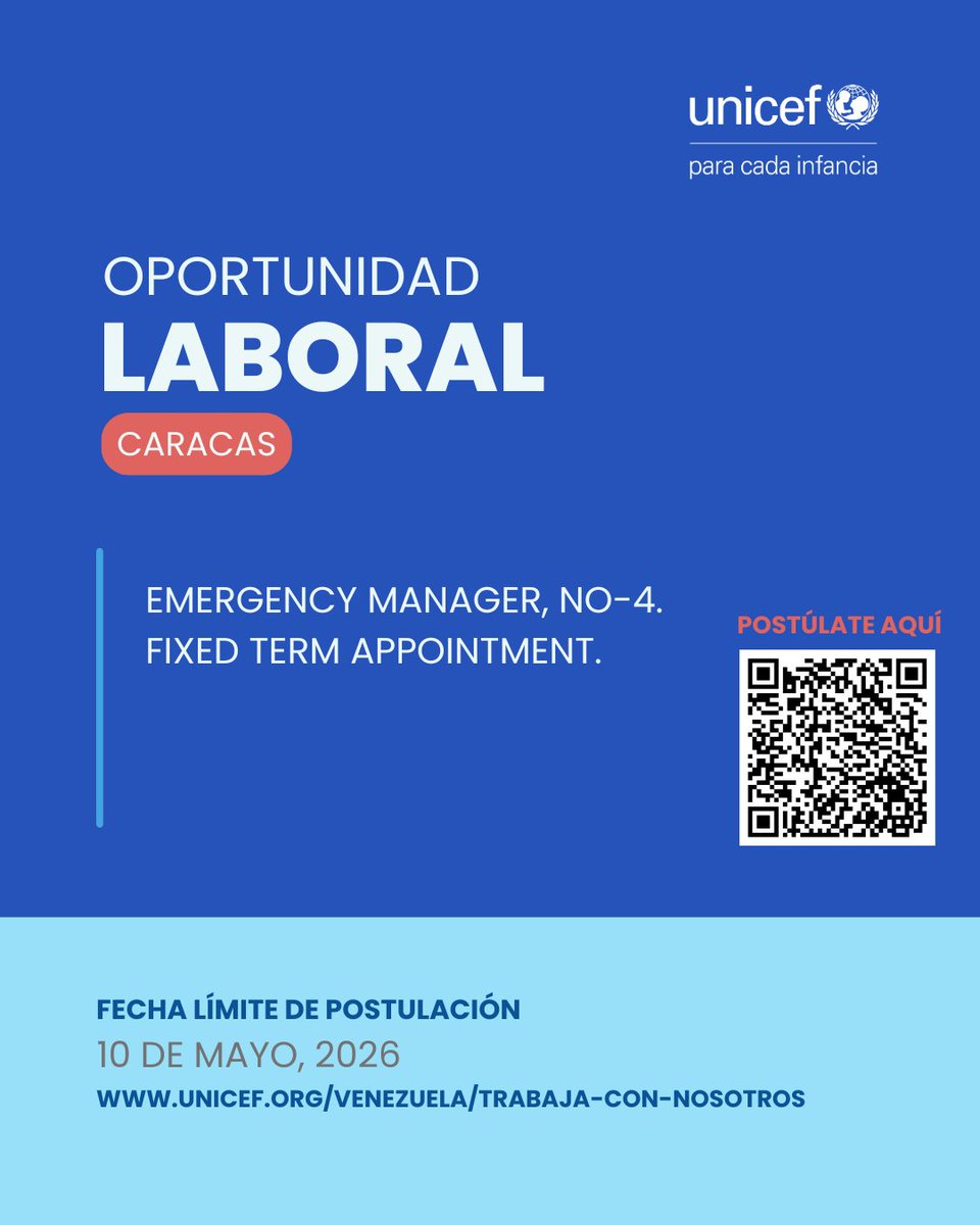 unicefvenezuela's tweet photo. Buscamos un/a profesional para coordinar la preparación y respuesta general de emergencias de la oficina de Venezuela.

⏰ Fecha límite de postulaciones: 10 de mayo de 2026.

👉 Más información y postulaciones:  https://t.co/hQaH0Exzix https://t.co/HsiZT1veSv