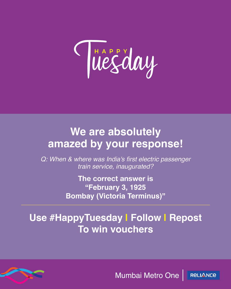 MumbaiMetro01's tweet photo. A huge thank you to all for participating. 

Prizes will be awarded to 50 winners, first 25 correct entries and additional 25 winners by draw.

Mention #HappyTuesday with your answer, follow us and repost to participate and win every Tuesday.

#Contestalert #winprizes #HappyTuesday #congratulations #mumbaimetro