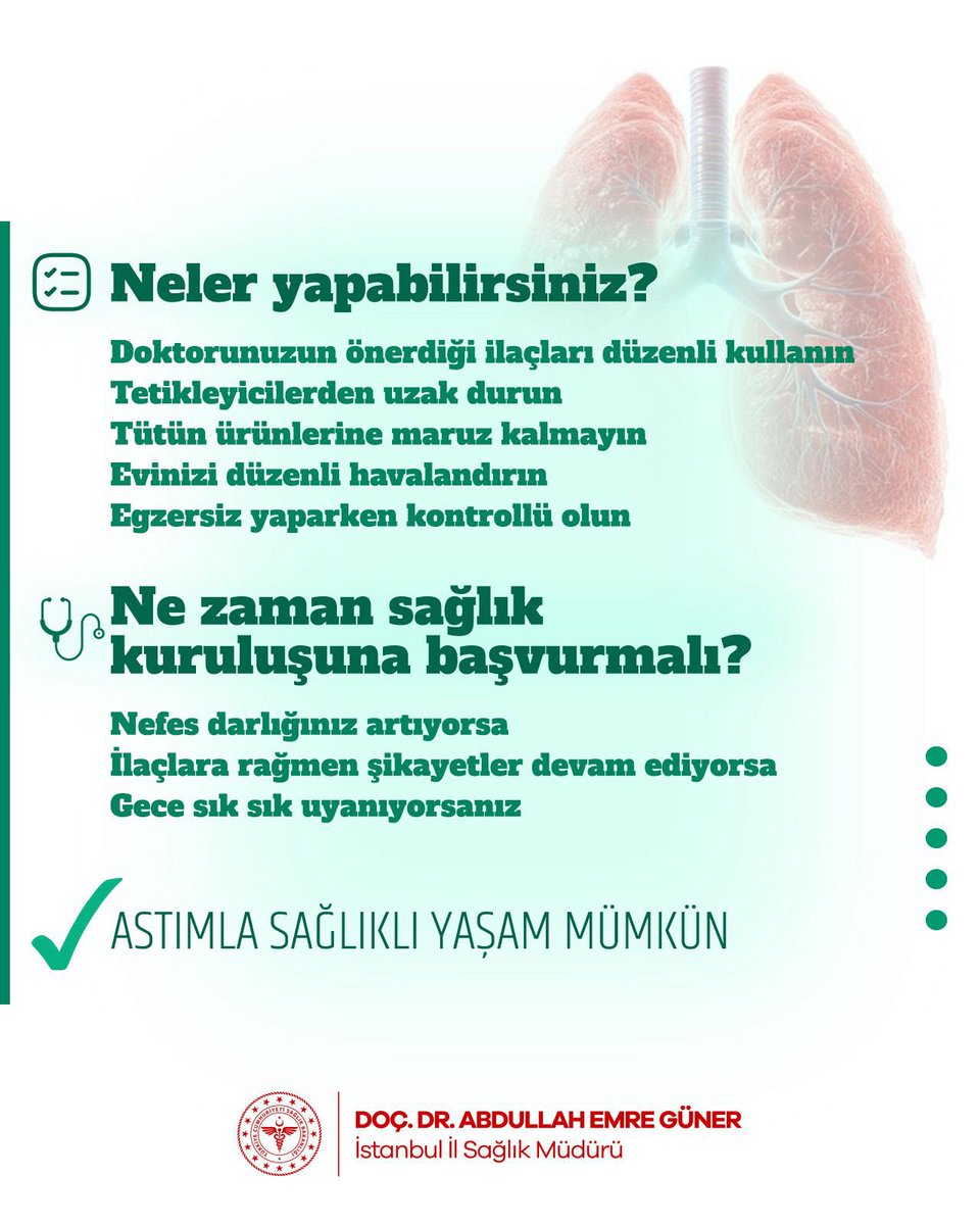 Astım, doğru tedavi ve düzenli takip ile kontrol altına alınabilen bir hastalıktır.

Düzenli tedavi, tetikleyicilerden korunma ve erken farkındalık ile atakların önüne geçmek mümkündür.

Şikayetleriniz artıyorsa gecikmeden sağlık kuruluşlarımıza başvurun.

#DünyaAstımGünü
